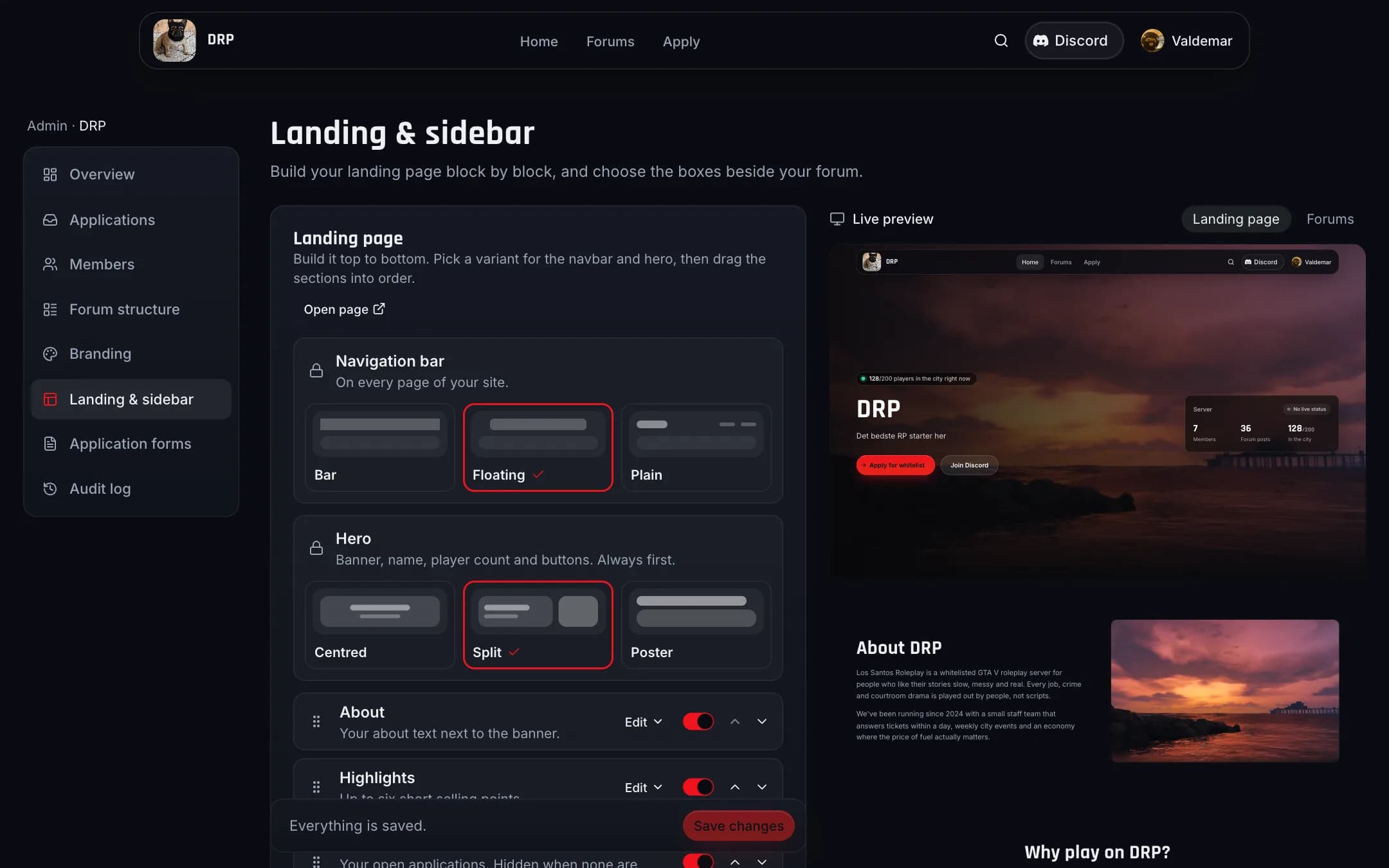 Admin-panelet: siden bygges af blokke med varianter for navbar og hero og en live preview ved siden af.